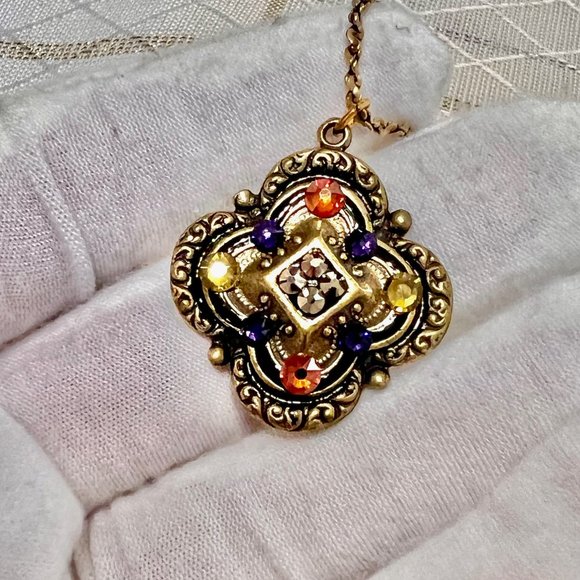 Ann Koplik Gaelsong Quatrefoil Crystal Pendant Necklace, VTG Irish Jewelry - Picture 7 of 12